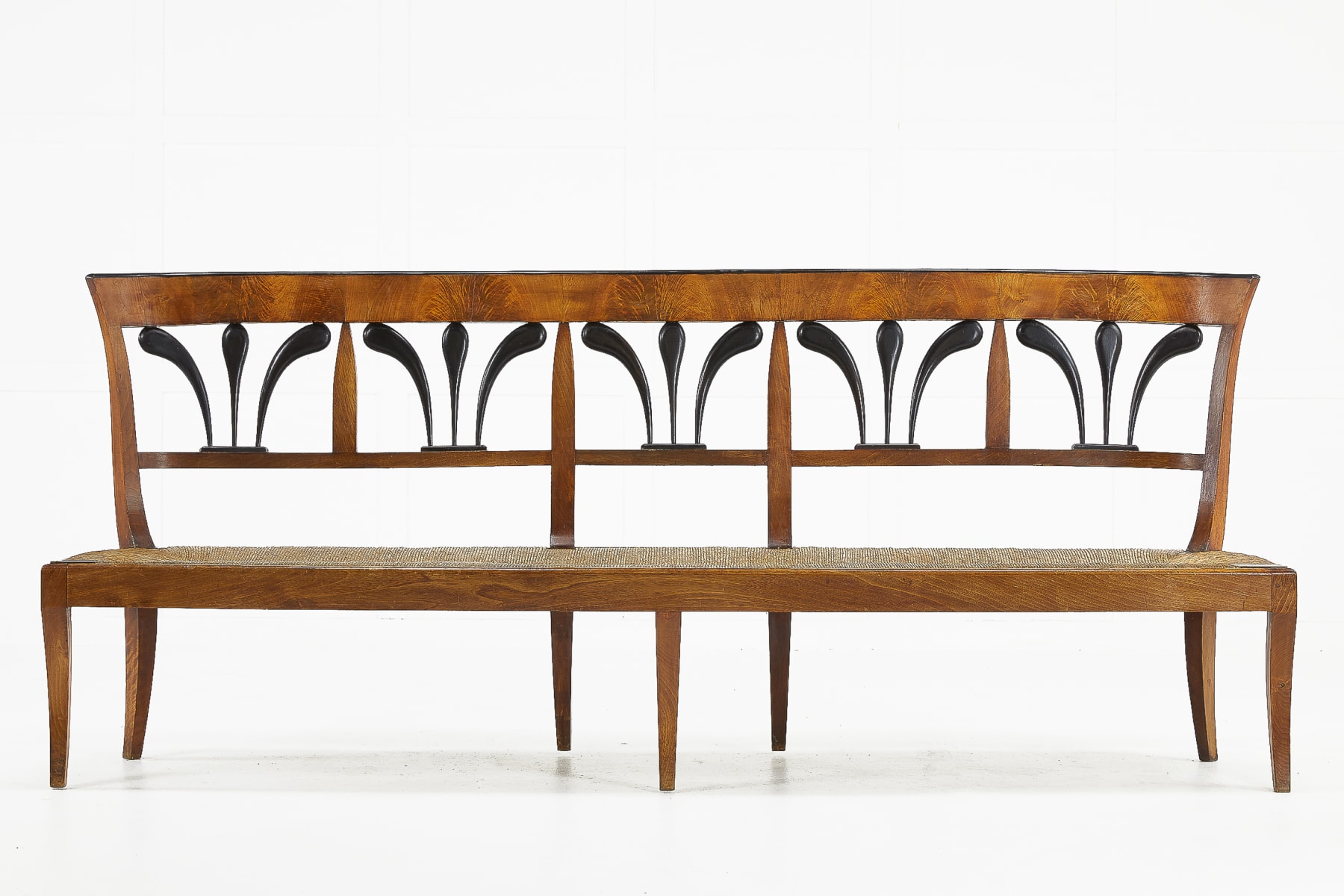19th Century Biedermeier Walnut and Rush Seat Bench