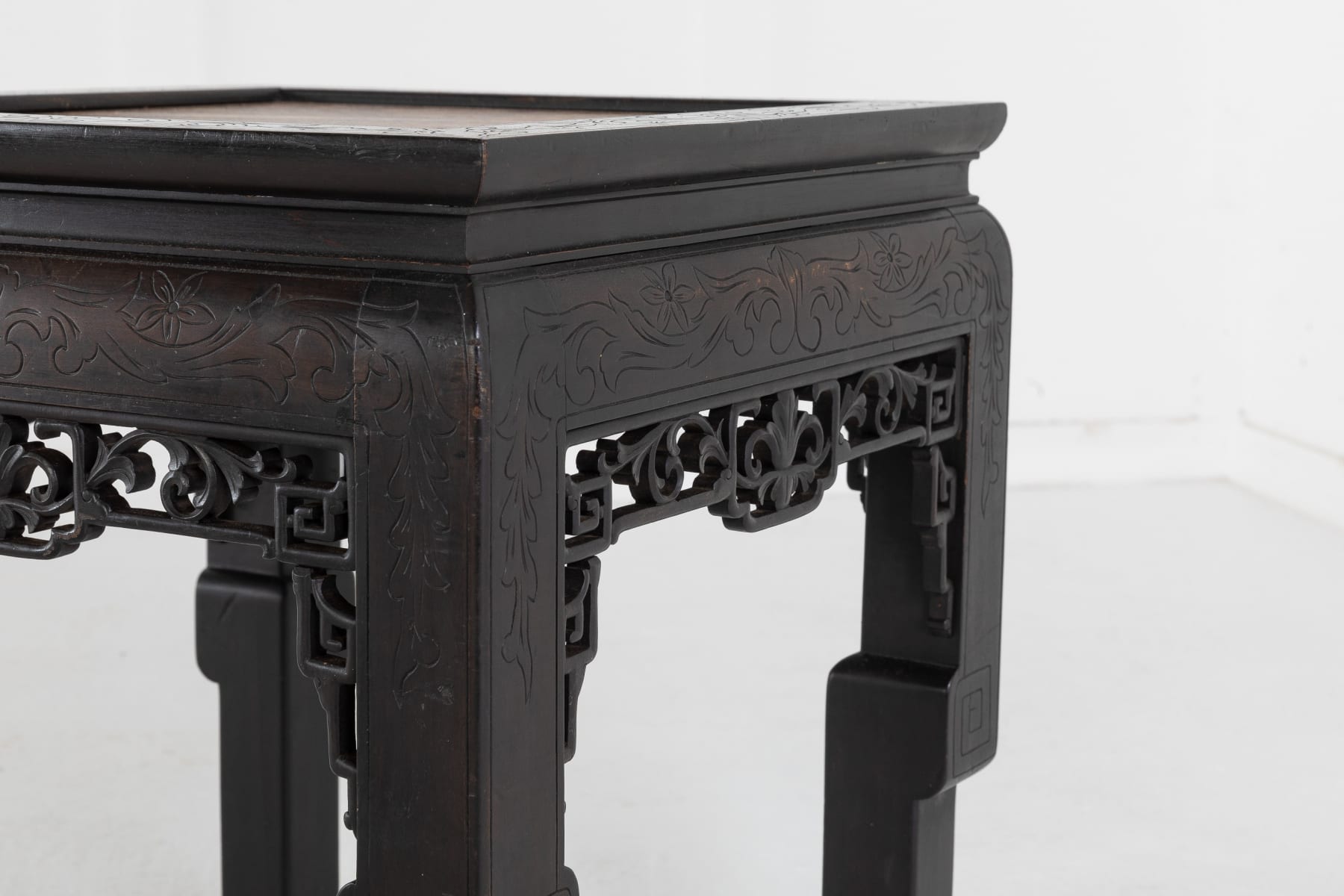 SOLD, Pair of Ebonised Chinese Side Tables with Marble Tops