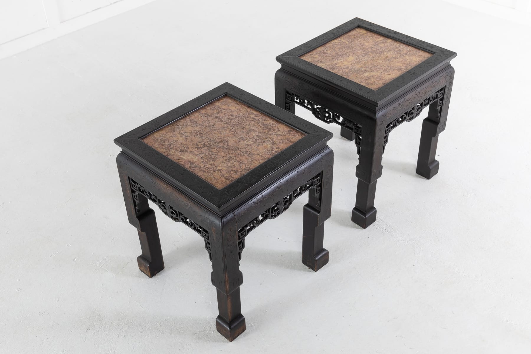 SOLD, Pair of Ebonised Chinese Side Tables with Marble Tops