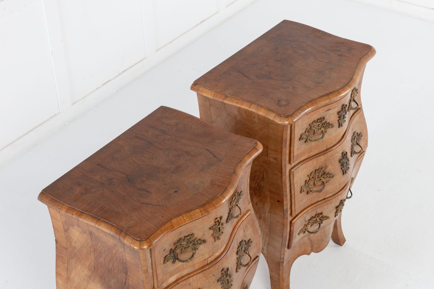 SOLD, Pair of 19th Century Italian Walnut Bombe Bedside Cabinets