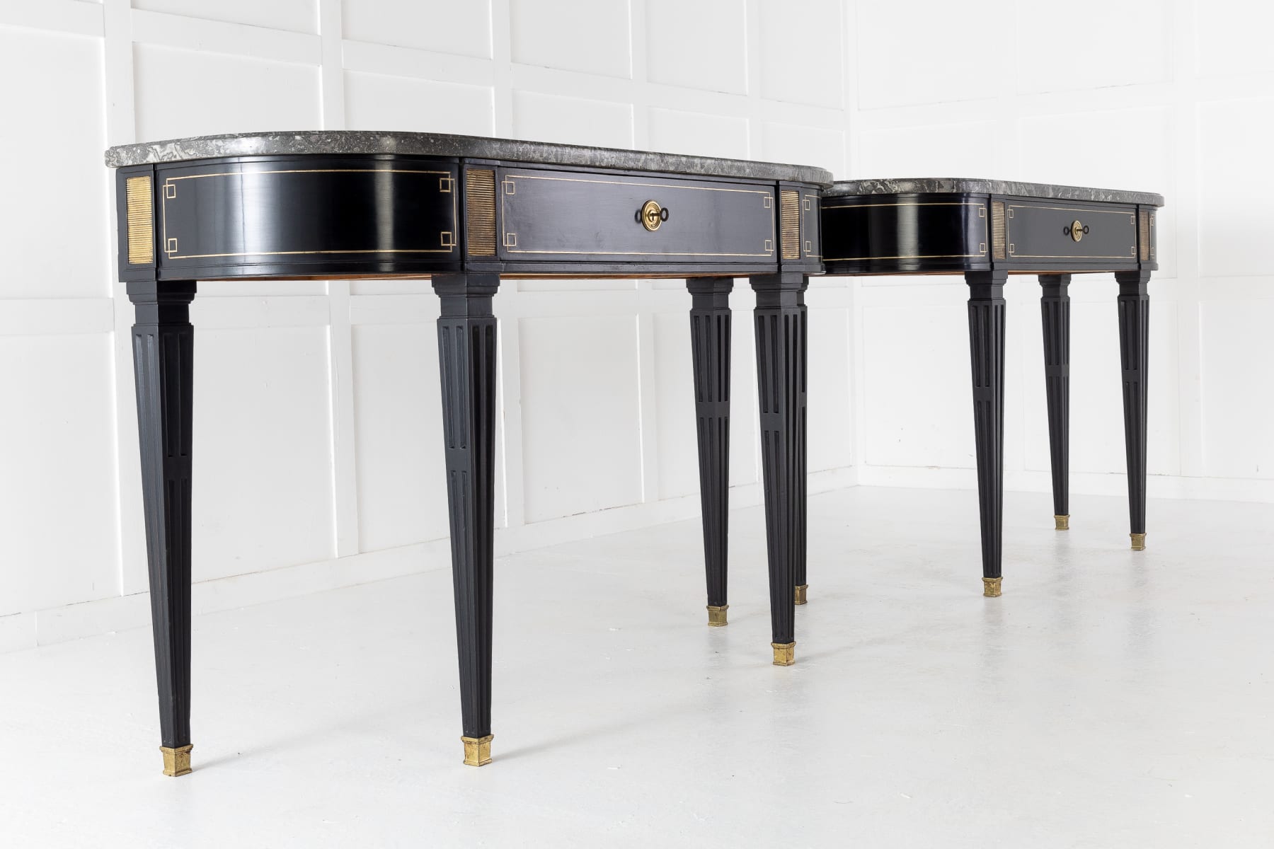 SOLD, Pair of Ebonised Console Tables with Marble Tops