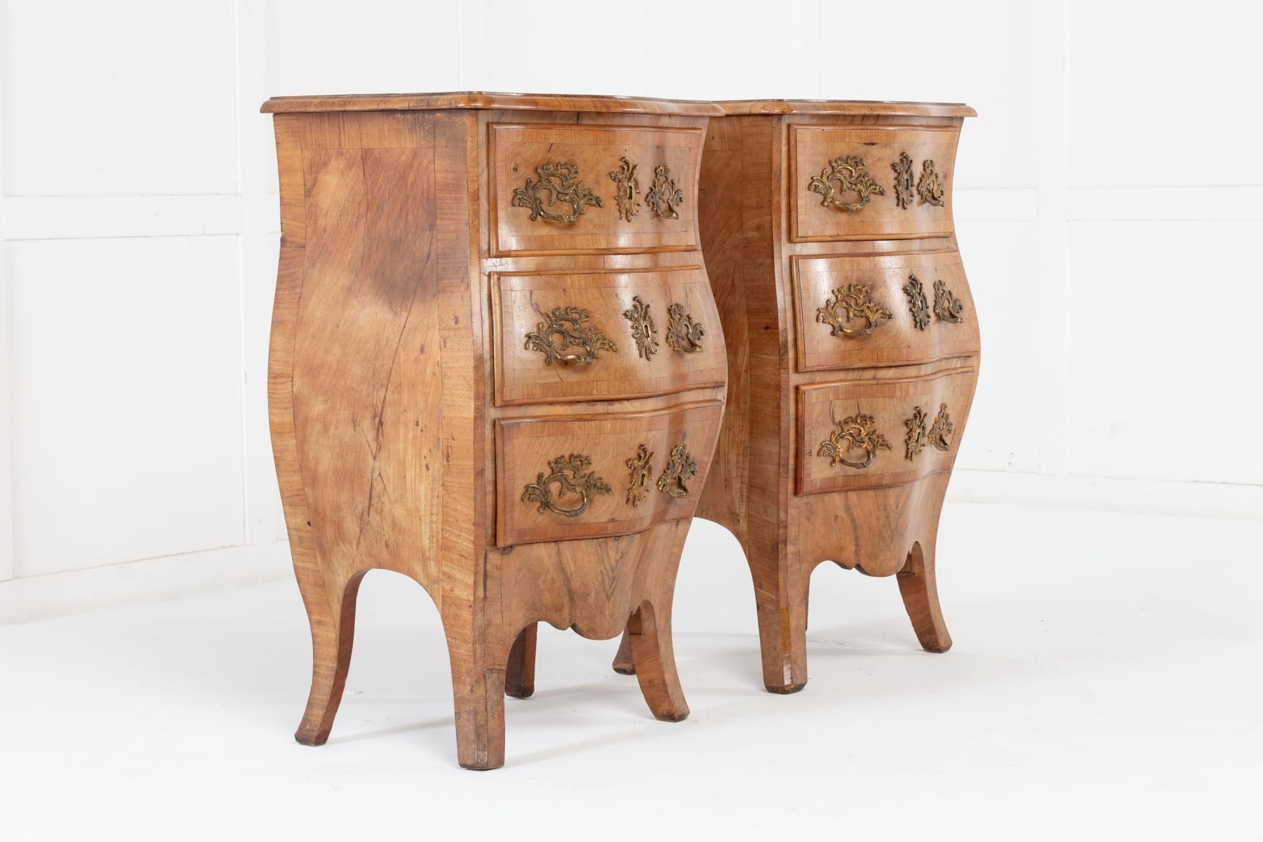SOLD, Pair of 19th Century Italian Walnut Bombe Bedside Cabinets