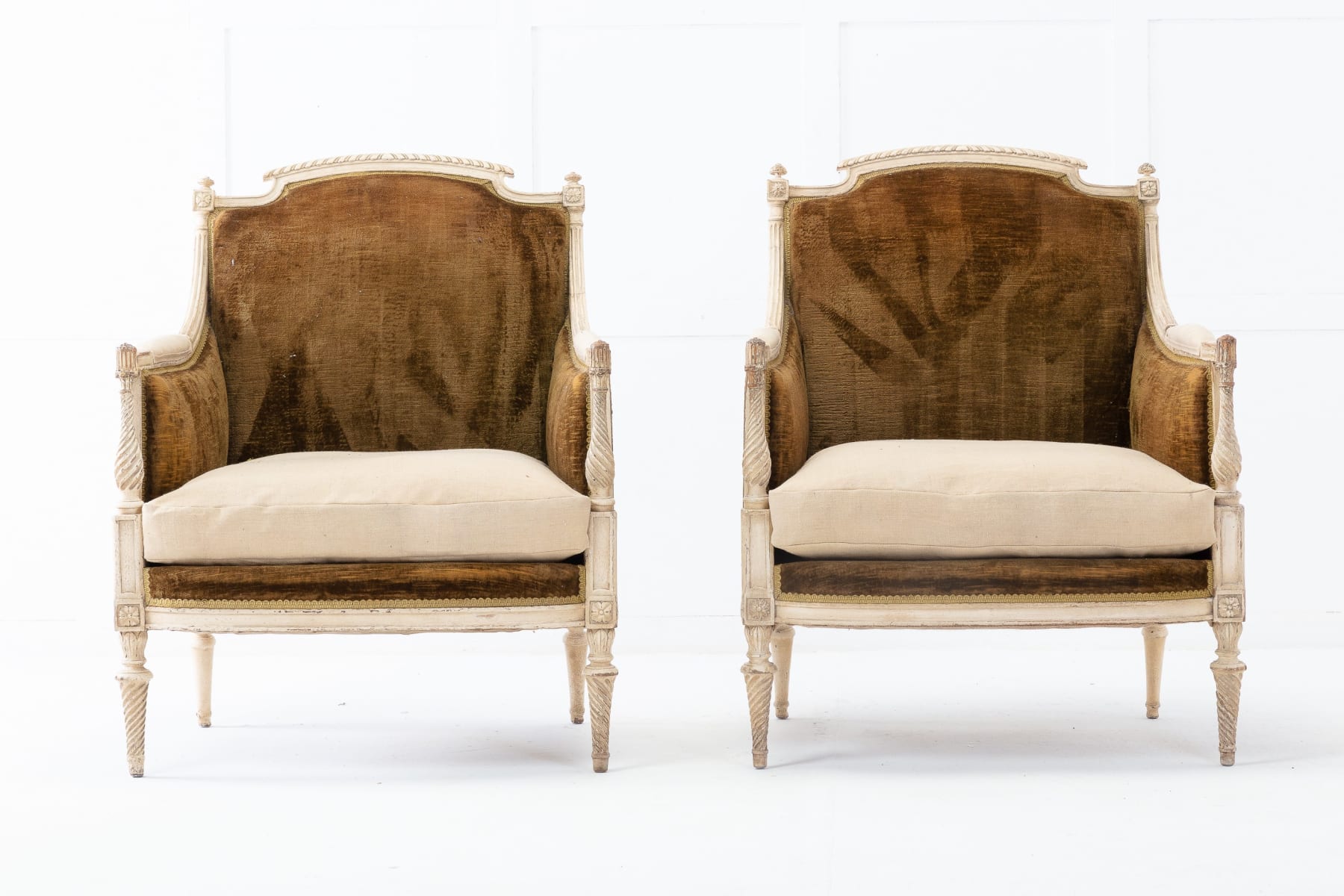 SOLD, Pair of Louis XVI Revival Painted Marquise Bergère Armchairs