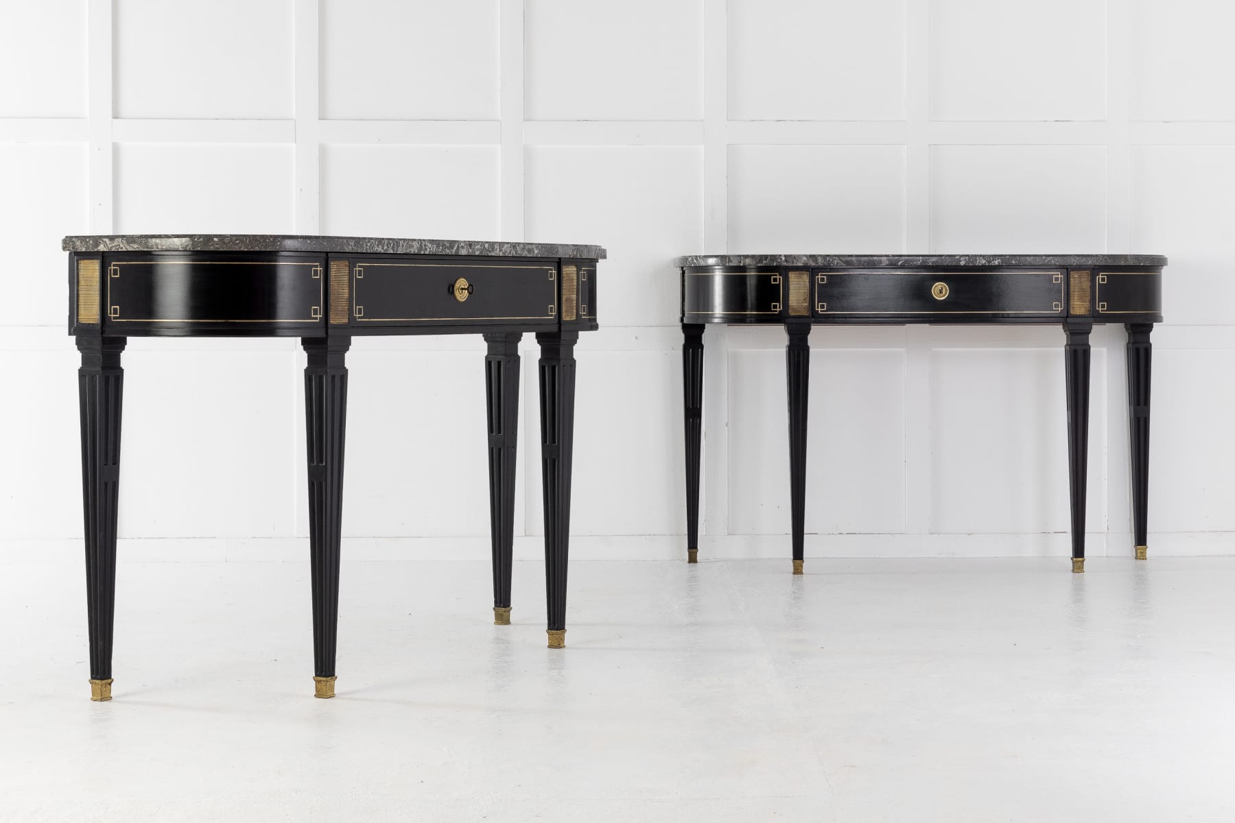 SOLD, Pair of Ebonised Console Tables with Marble Tops