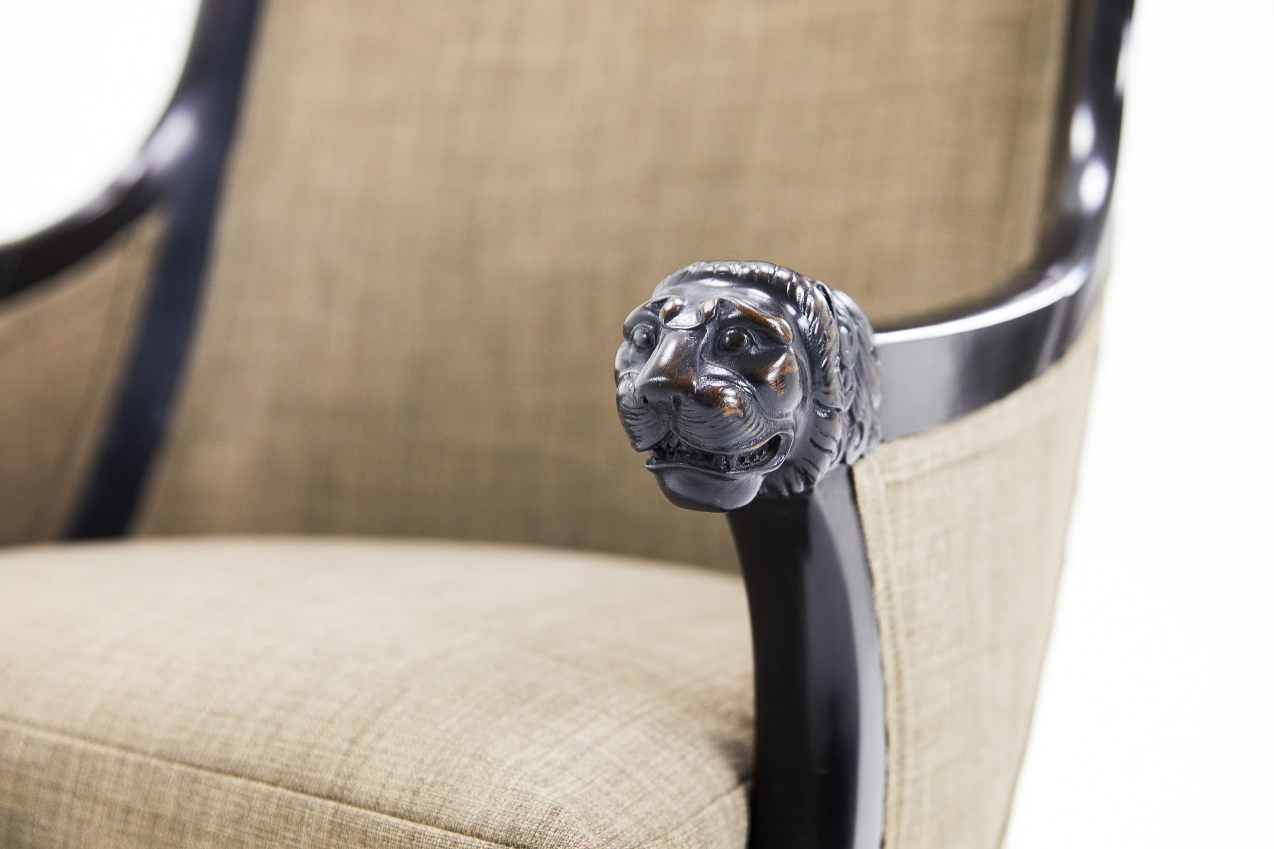 SOLD, 19th Century French Ebonised Armchair with Carved Lion's Heads