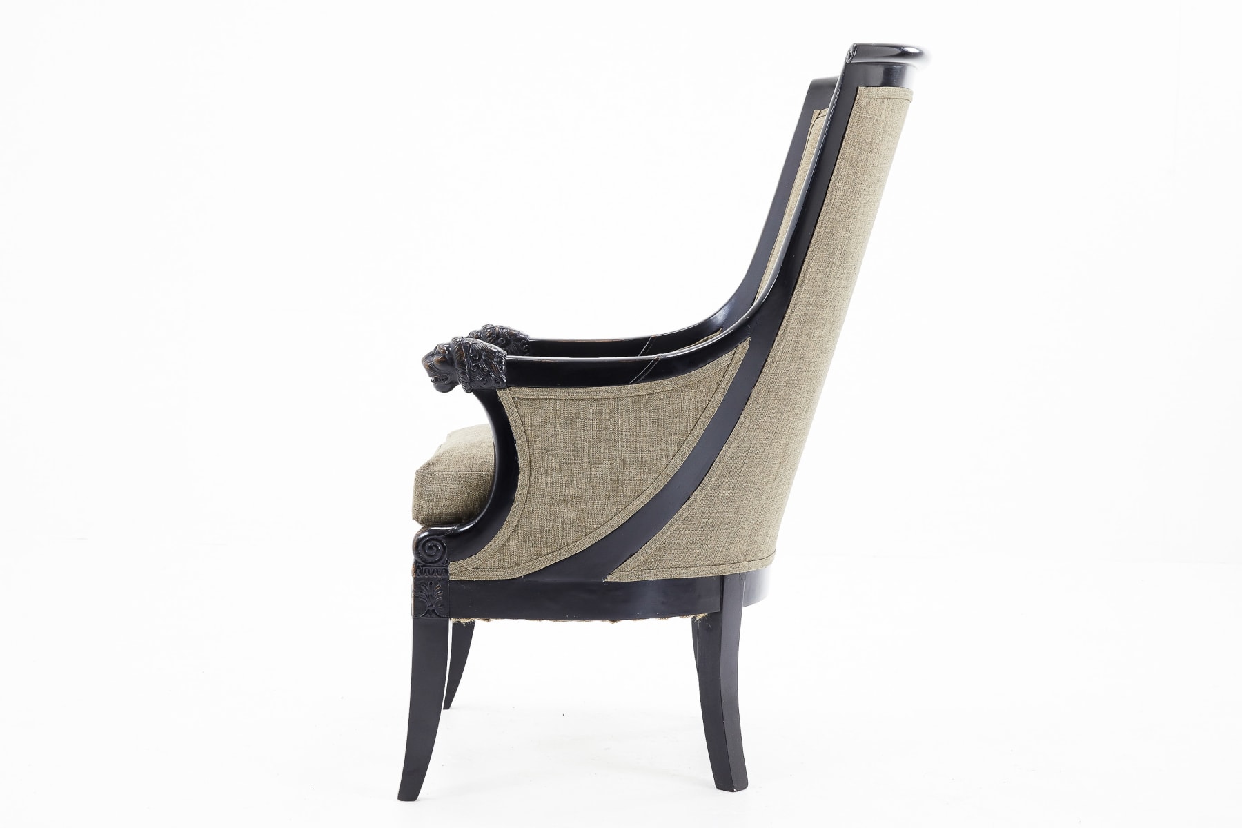 SOLD, 19th Century French Ebonised Armchair with Carved Lion's Heads