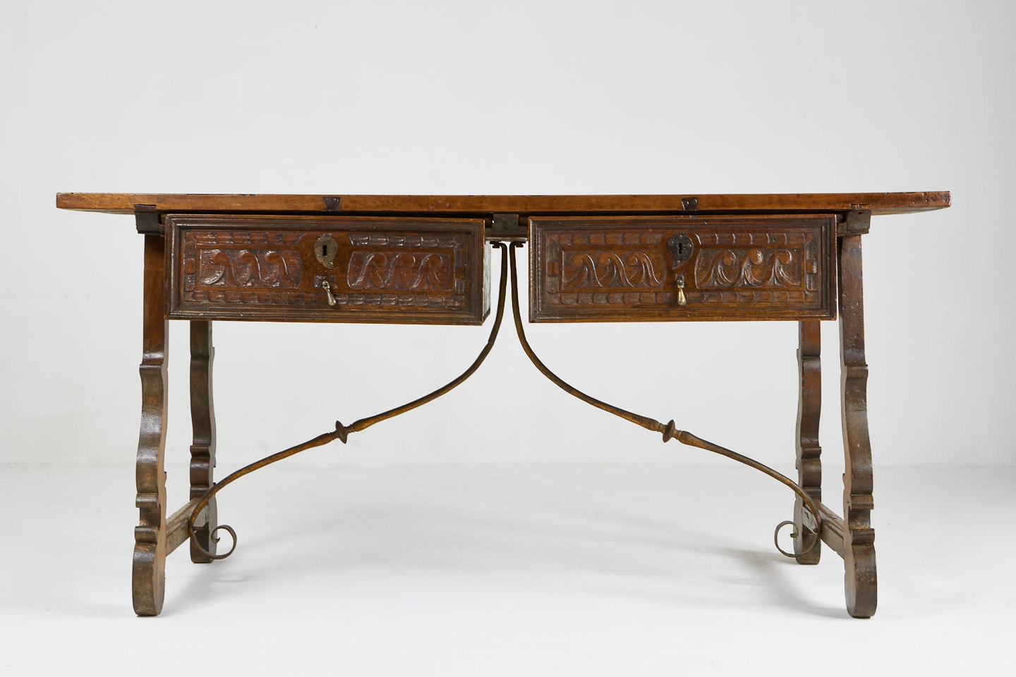 SOLD 18th Century Spanish Walnut Trestle Table Iron Stretcher Lee Wright Antiques
