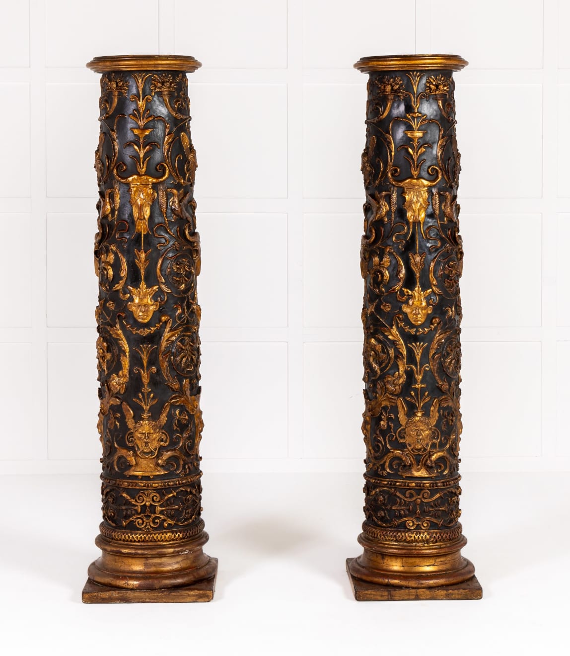 Pair of Grand Scale 19th Century Italian Painted and Parcel Gilt Columns