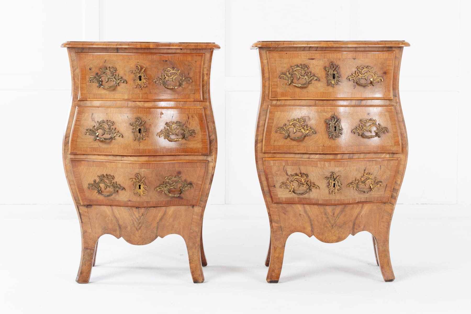 SOLD, Pair of 19th Century Italian Walnut Bombe Bedside Cabinets