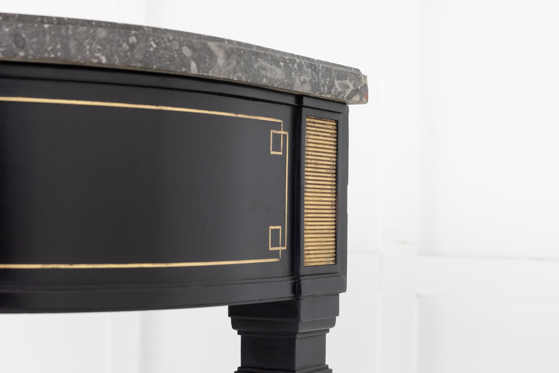 SOLD, Pair of Ebonised Console Tables with Marble Tops