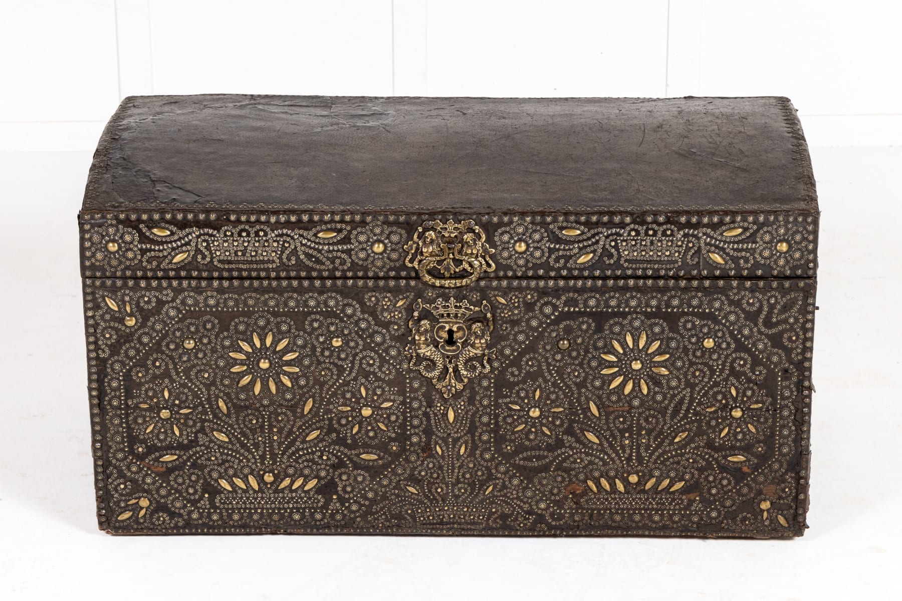 17th Century French Brass Studded Leather Chest