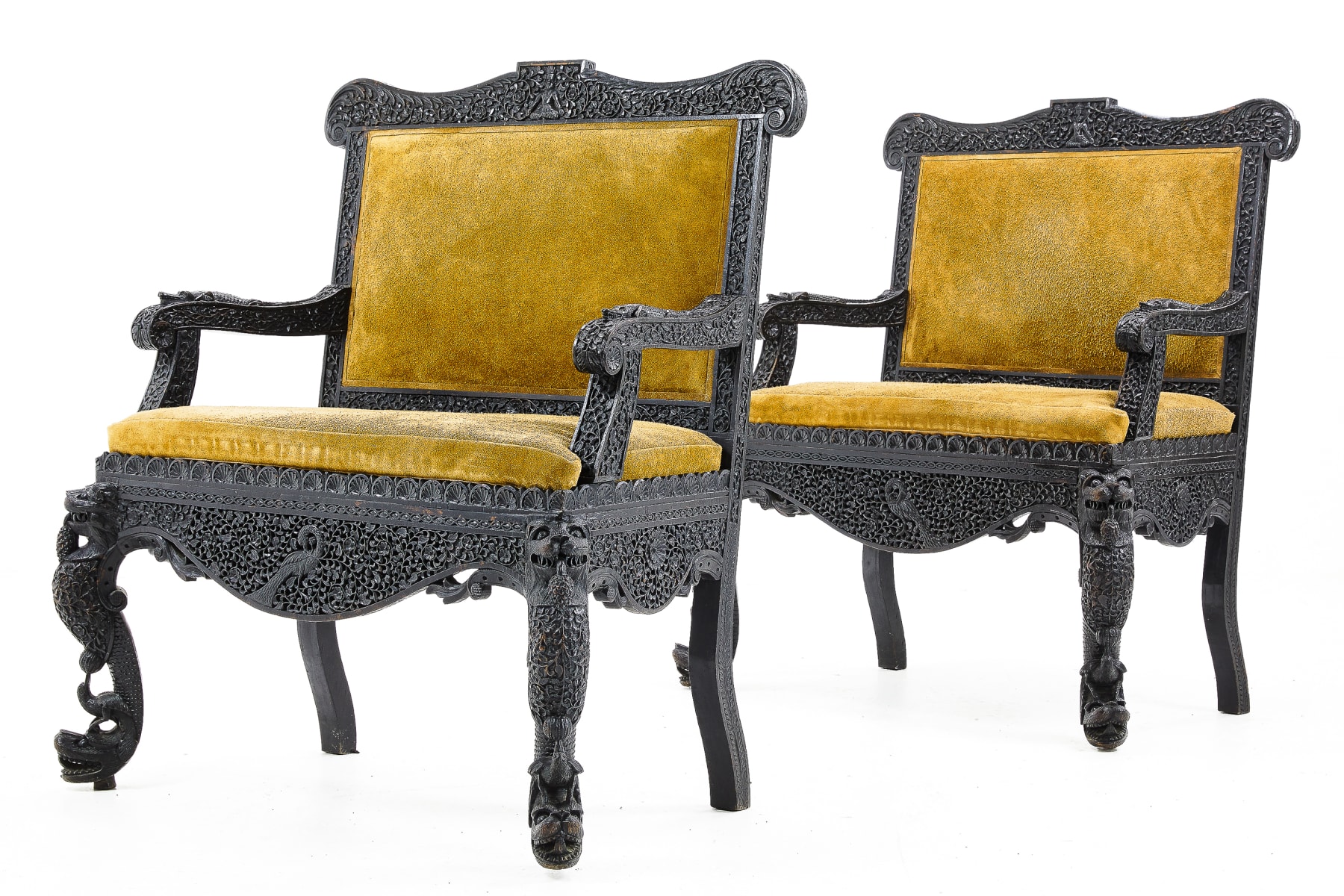 19th Century Carved Hardwood Pair Of Anglo Indian Sofas in Suede