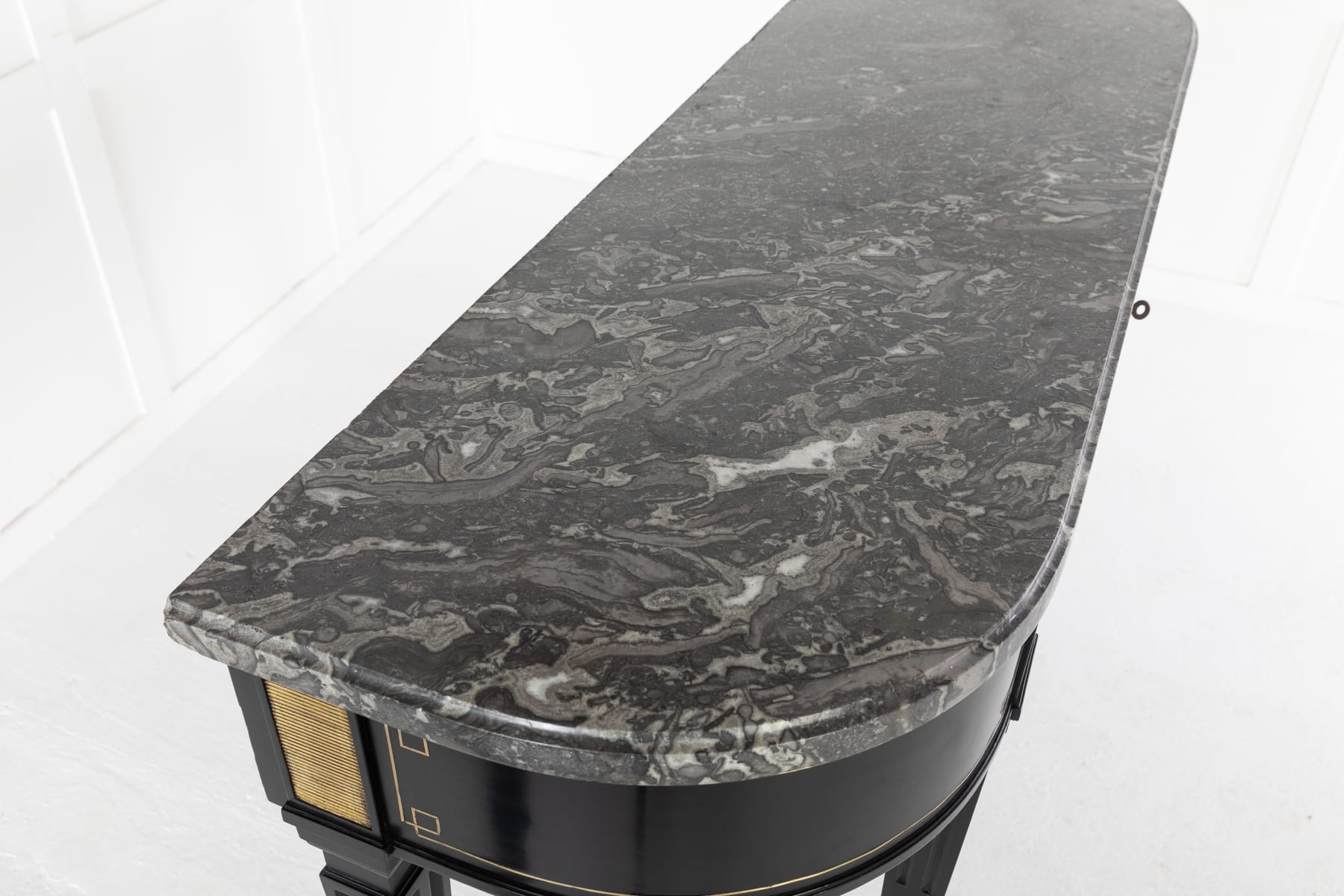 SOLD, Pair of Ebonised Console Tables with Marble Tops
