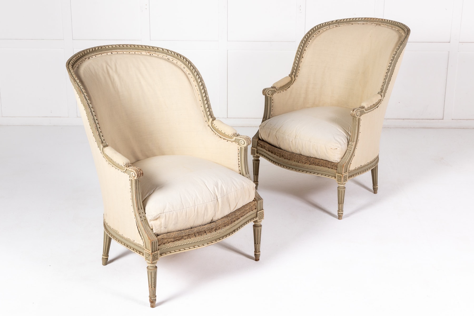 Pair of French Louis XVI Style Painted Bergère Armchairs