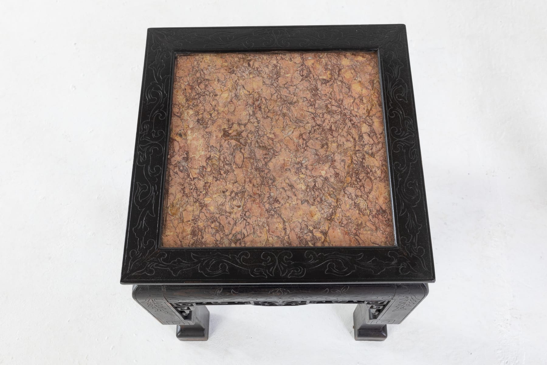 SOLD, Pair of Ebonised Chinese Side Tables with Marble Tops