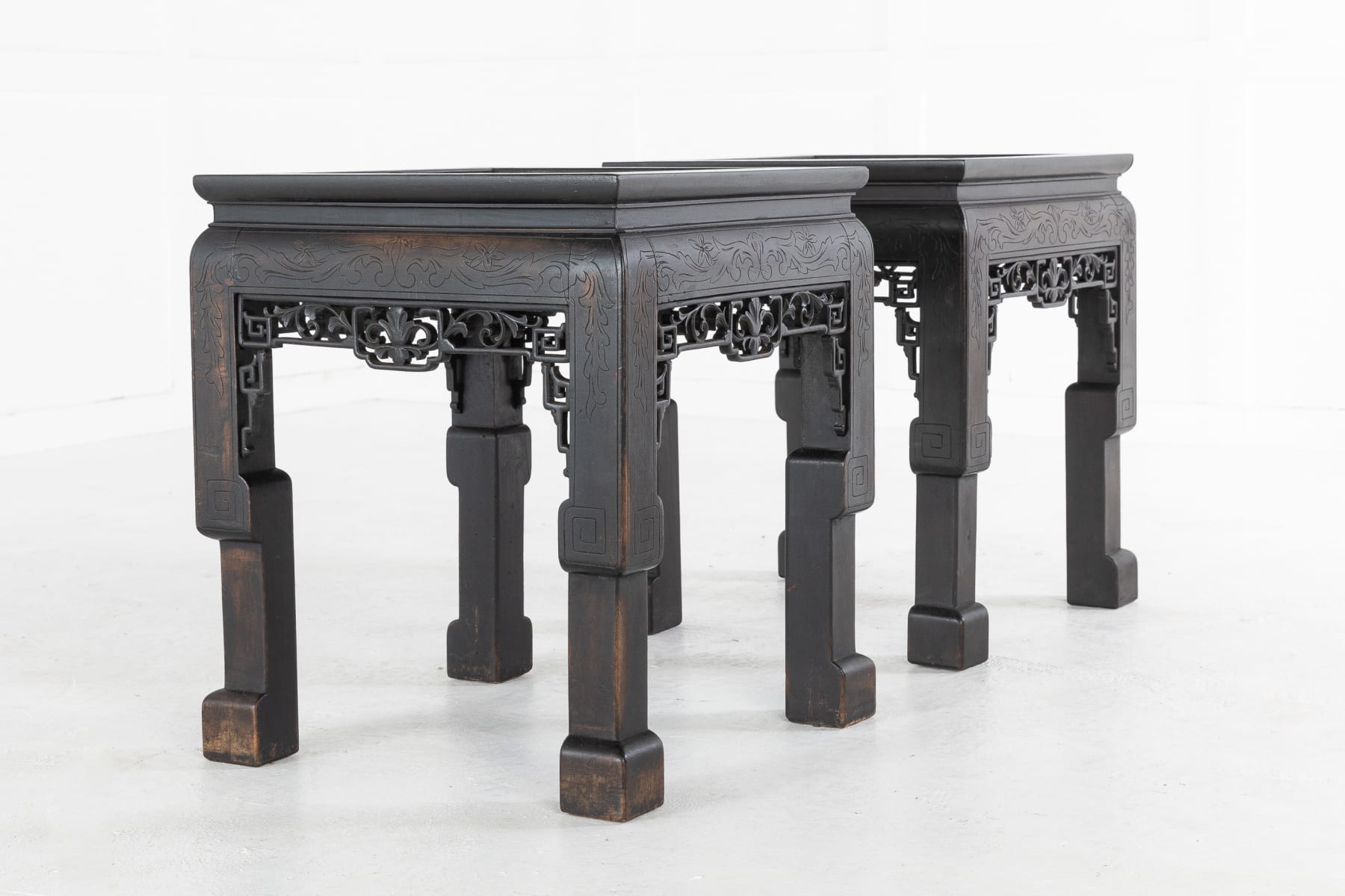 SOLD, Pair of Ebonised Chinese Side Tables with Marble Tops