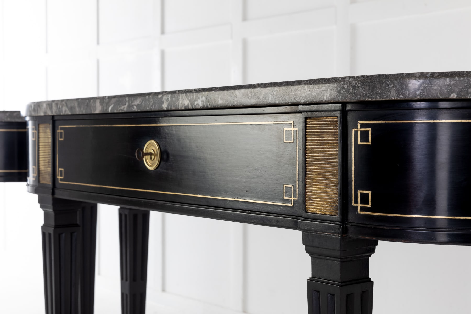 SOLD, Pair of Ebonised Console Tables with Marble Tops