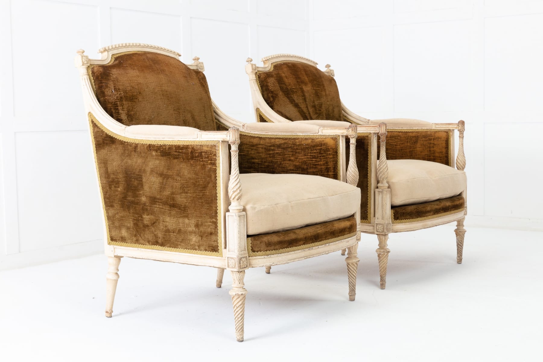 SOLD, Pair of Louis XVI Revival Painted Marquise Bergère Armchairs