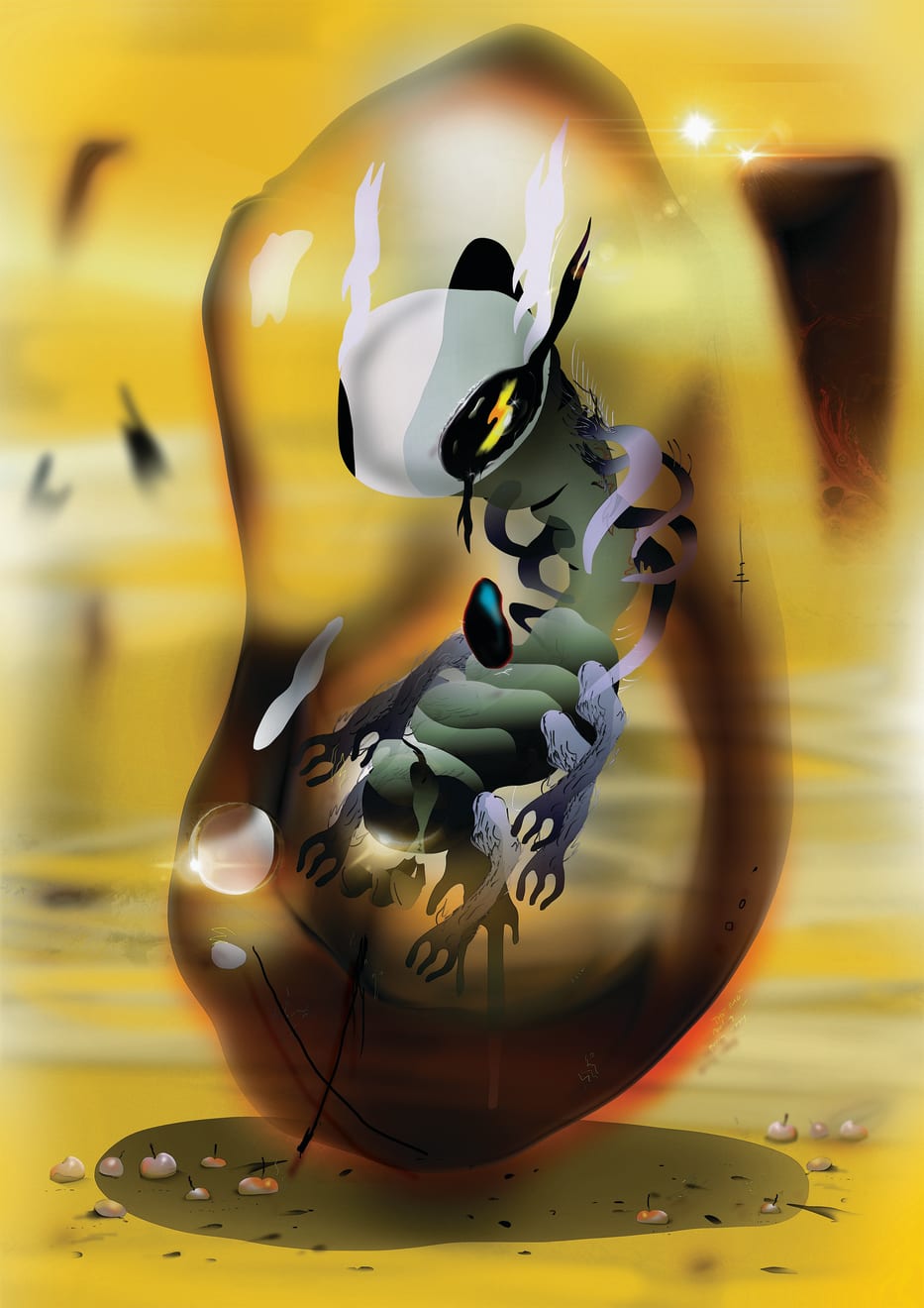 OMSK Social Club, Its like you can see its whole skelton and then it has the black organ coming from under its ribcage. Its starts to pulsate. I can see its movements through its skin., 2019