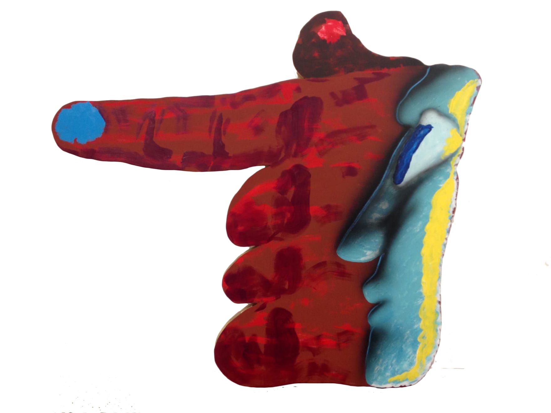 James English Leary, Hand Becoming the Thing it is Touching (Light Blue Face on Red Hand), 2018