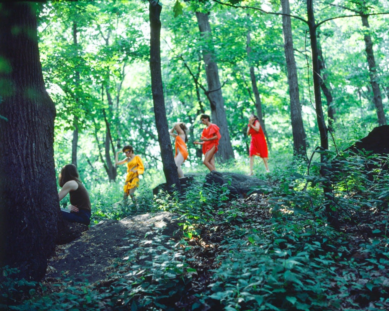 Lorraine O'Grady, Rivers, First Draft: The Debauchees dance to New Wave music with the Woman in Red following, 1982/2015