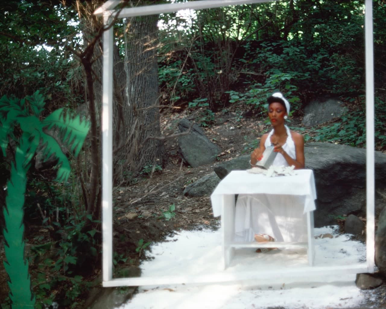 Lorraine O'Grady, Rivers, First Draft: The Woman in White grates coconut in her kitchen with the fir-palm tree outside, 1982/2015