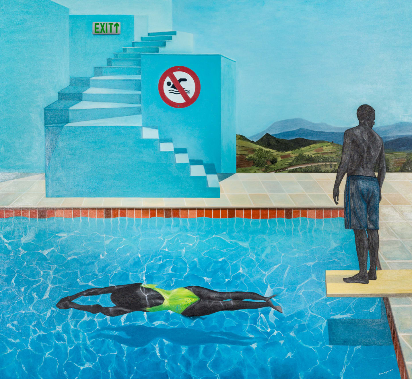 Ian Mwesiga, Swimmer and Man standing by the pool, 2023