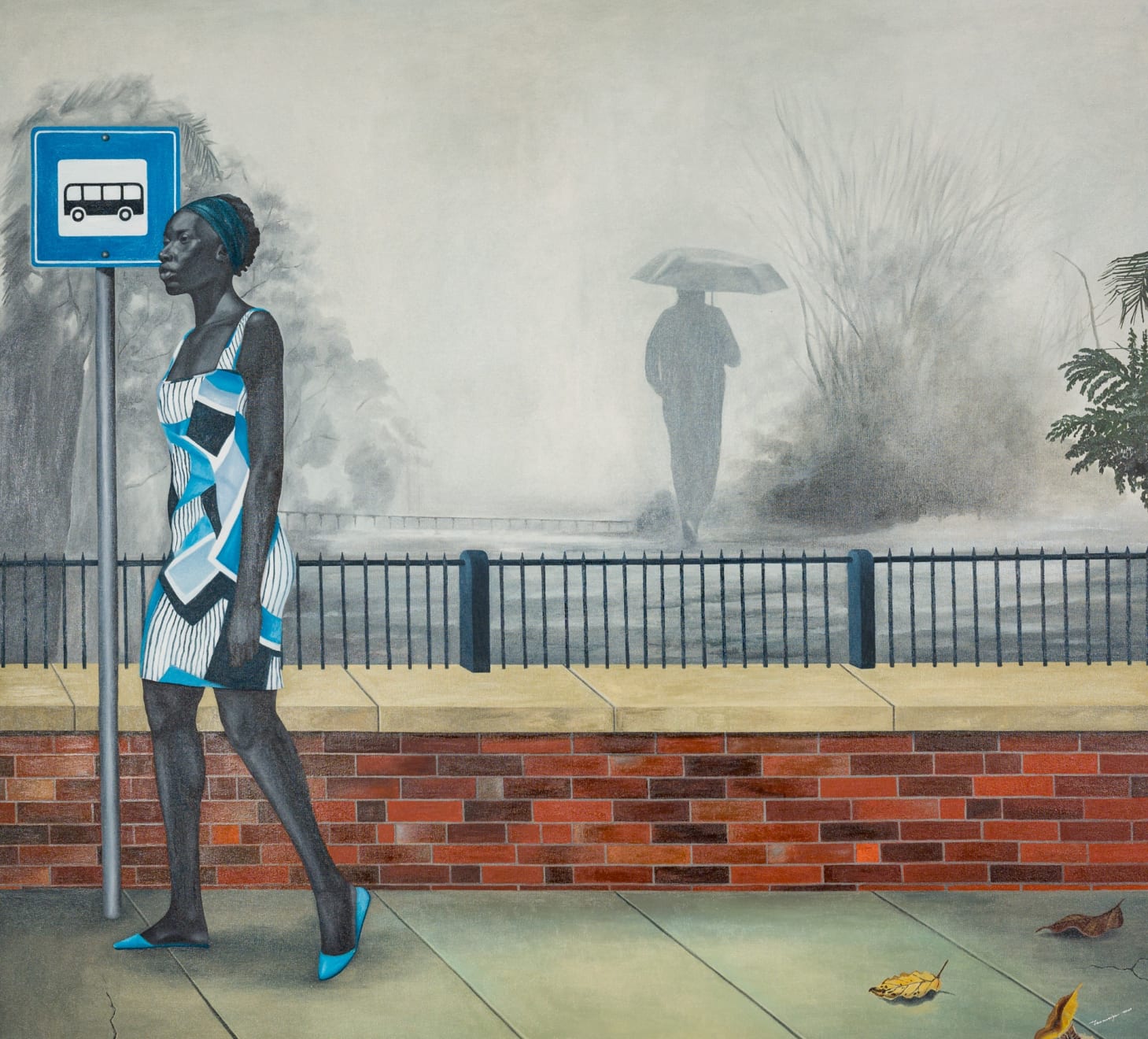 Ian Mwesiga, Lady in a blue dress at a bus stop, 2023