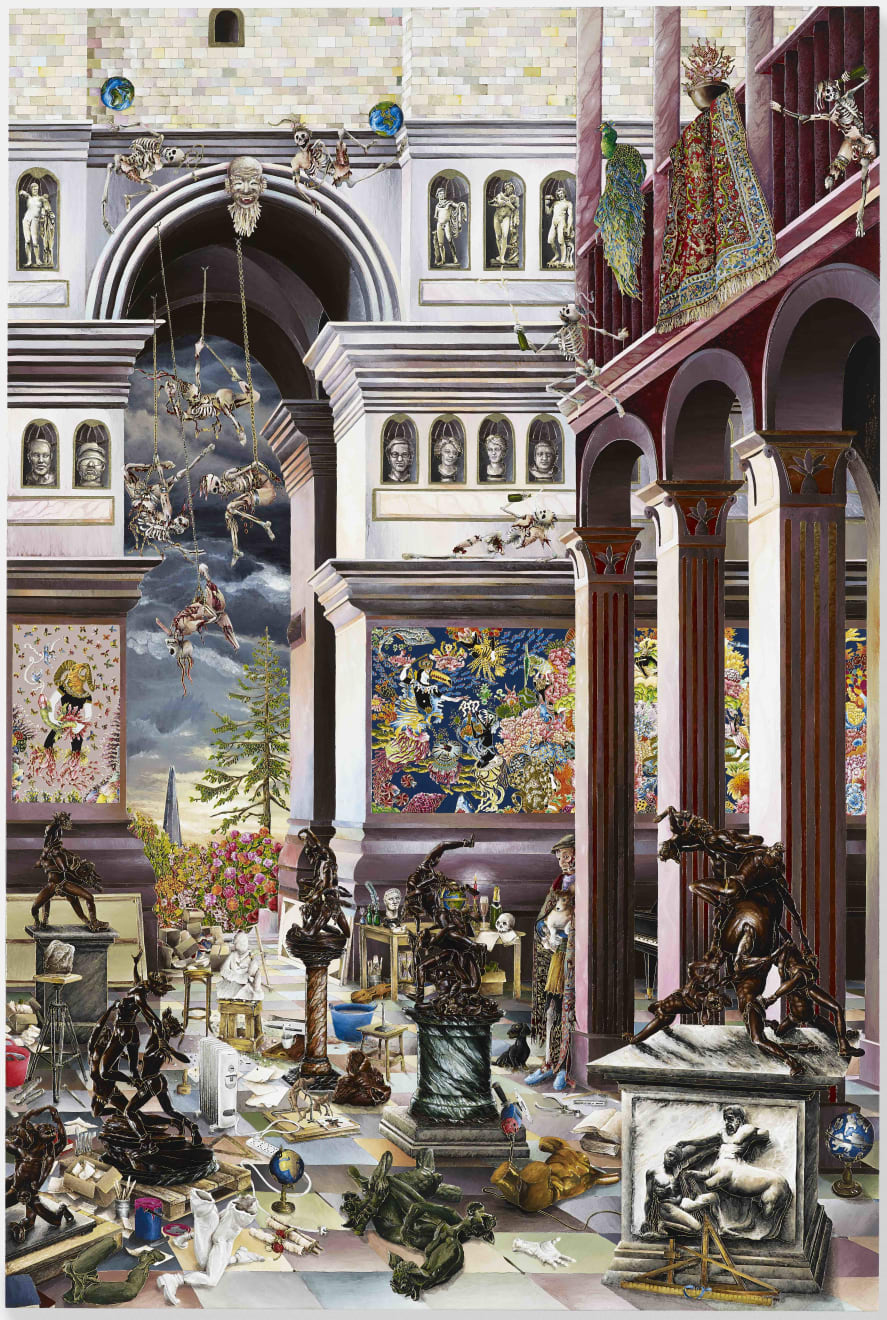 Raqib Shaw, Self portrait in the sculpture studio at Peckham (After Mocetto) I, 2014-2015