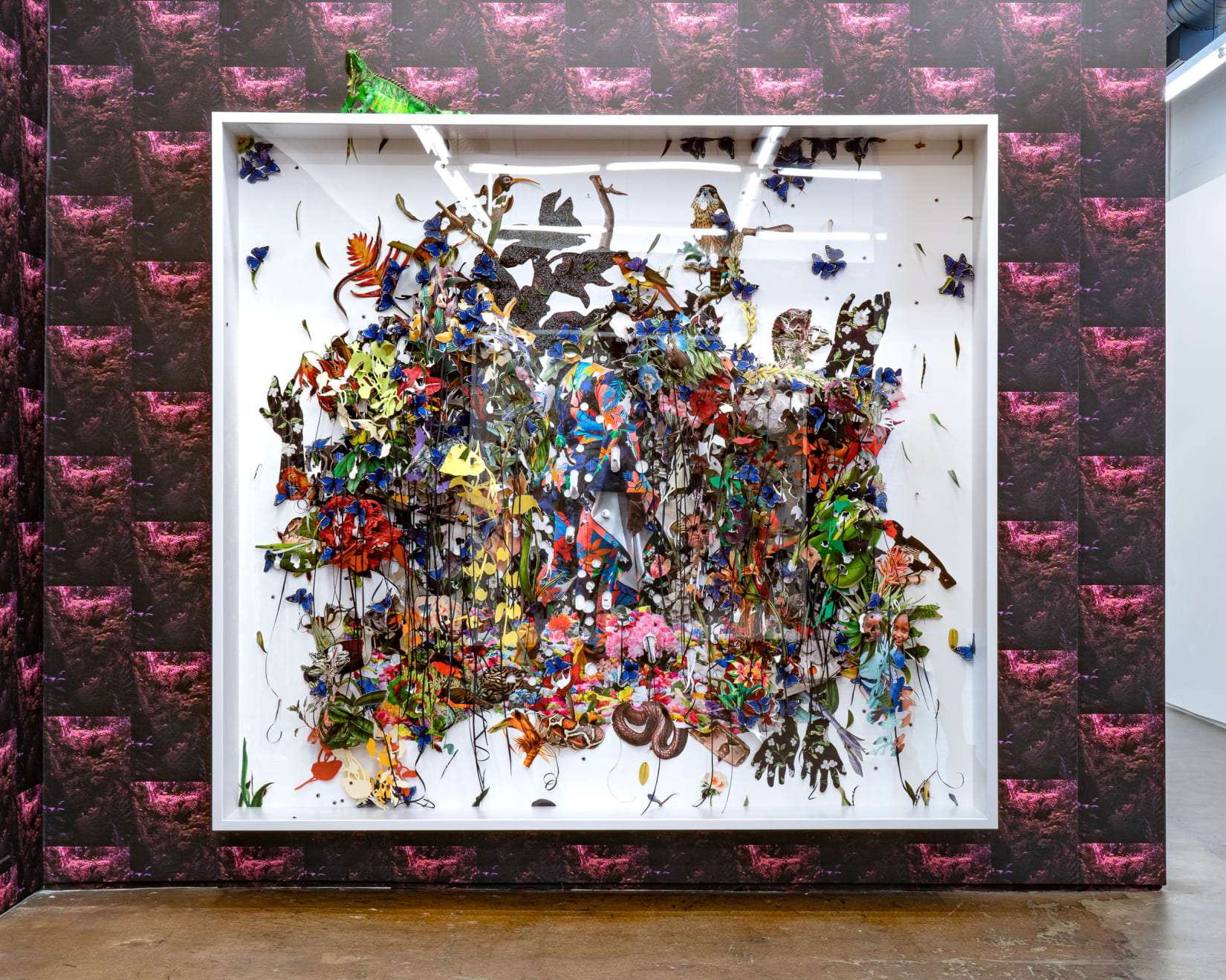 Ebony G. Patterson, ...the hawk looks out...as she embraces the haunt...and flies come for the nourishing..., 2021