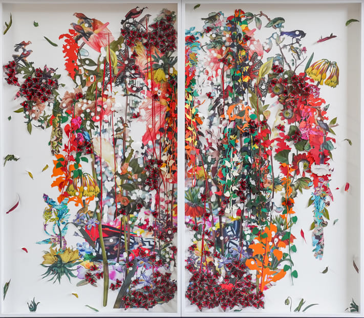 Ebony G. Patterson, ...between the stems sits a red cap above and below crown imperials..., 2019