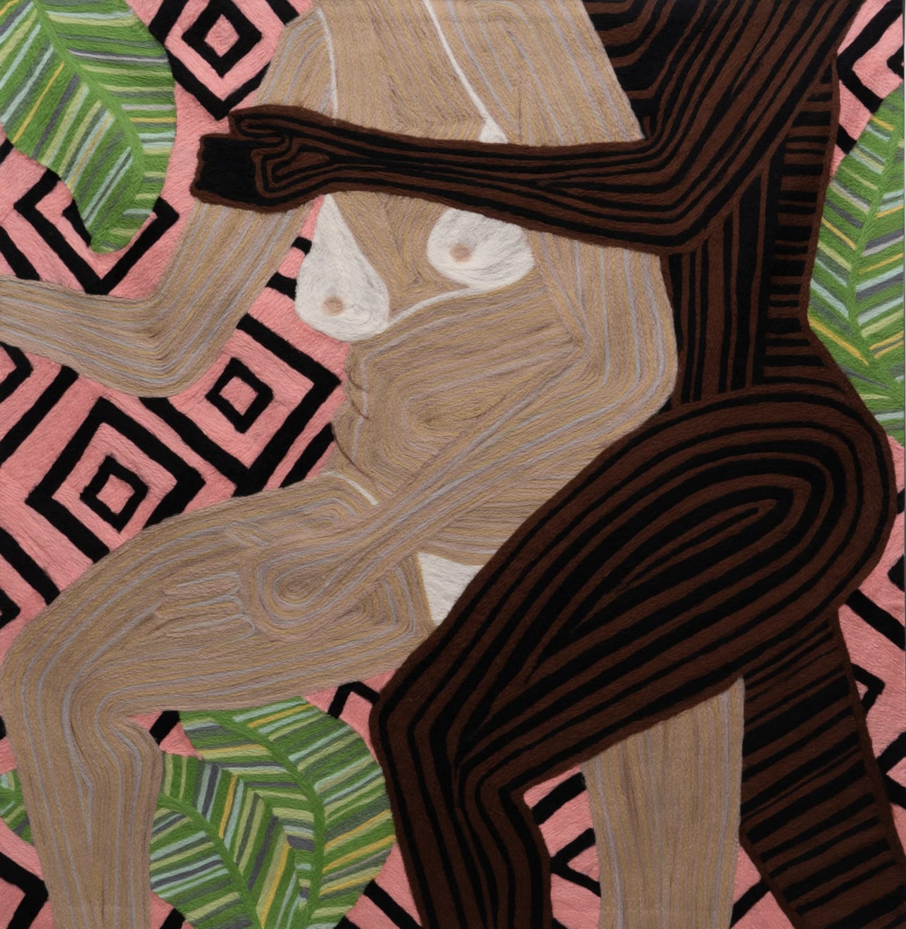 Cheryl Pope, Woman and Man Reclining on Striped Mat XVI, 2020