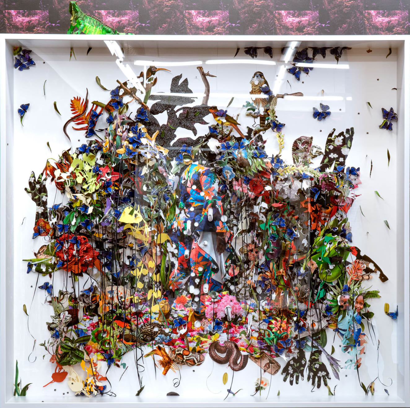 Ebony G. Patterson, ...the hawk looks out...as she embraces the haunt...and flies come for the nourishing..., 2021