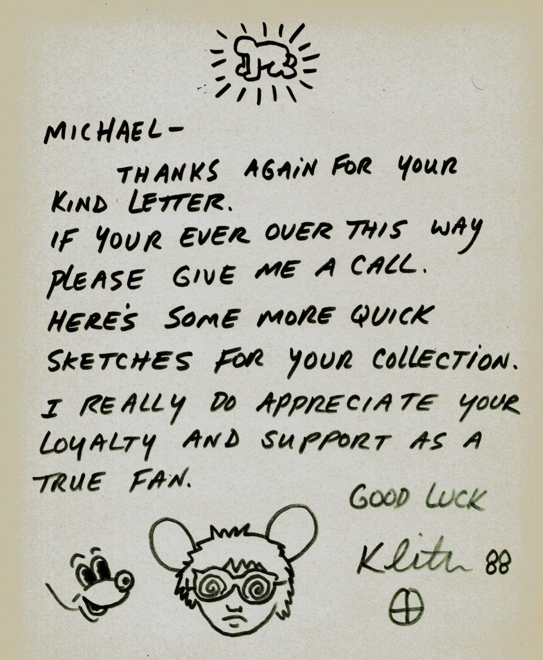 Keith Haring, Letter with Andy Mouse, 1988