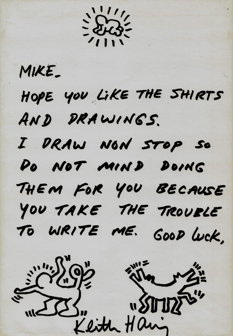 Keith Haring, Letter to Mike with drawings (RESERVED), 1988