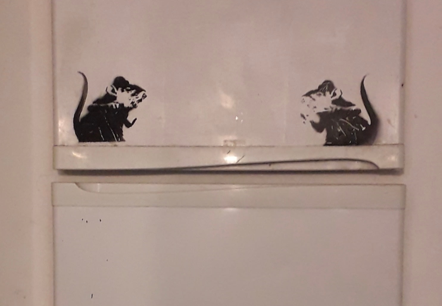 Banksy, Bowler Hat rats on fridge door (upper panel) ., Ca. 2004