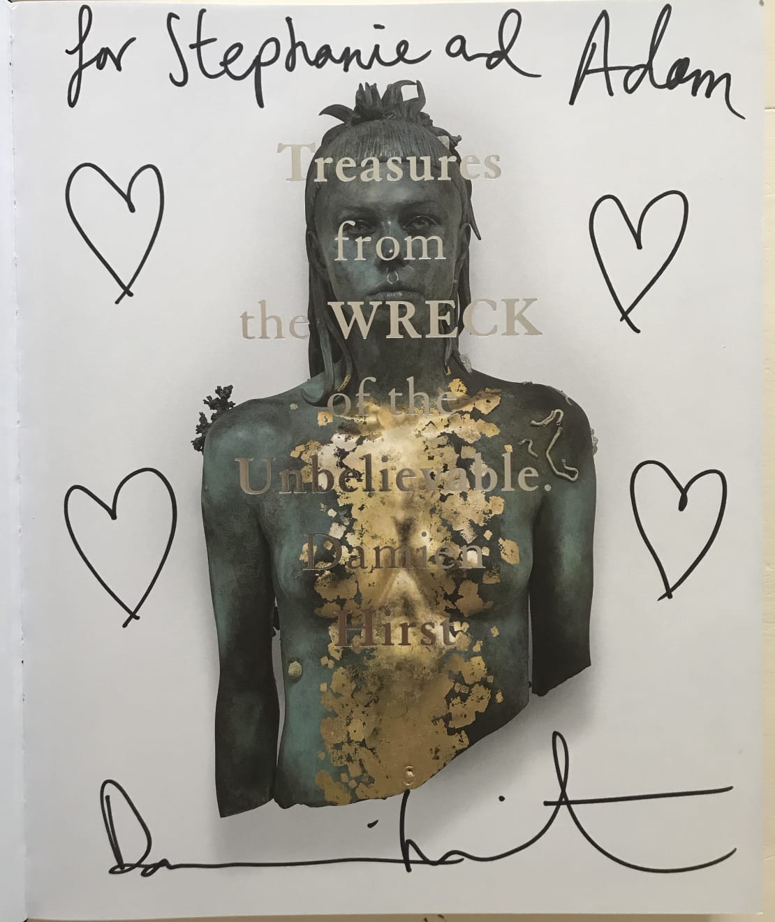 Damien Hirst, Four heart drawings in book. "Treasures from the Wreck of the Unbelievable"., 2017