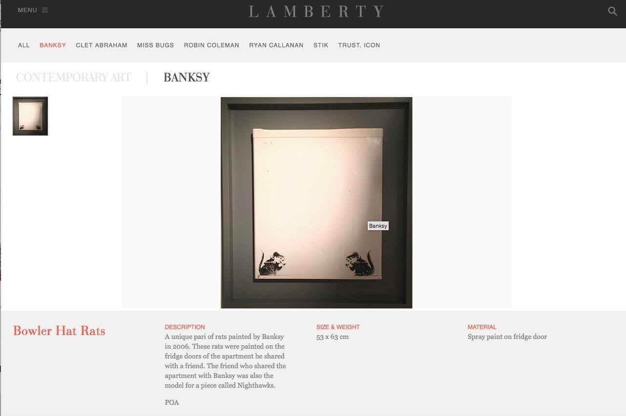 Banksy, Bowler Hat rats on fridge door (upper panel) ., Ca. 2004