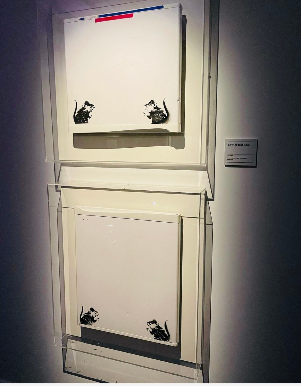 Banksy, Bowler Hat rats on fridge door (upper panel) ., Ca. 2004