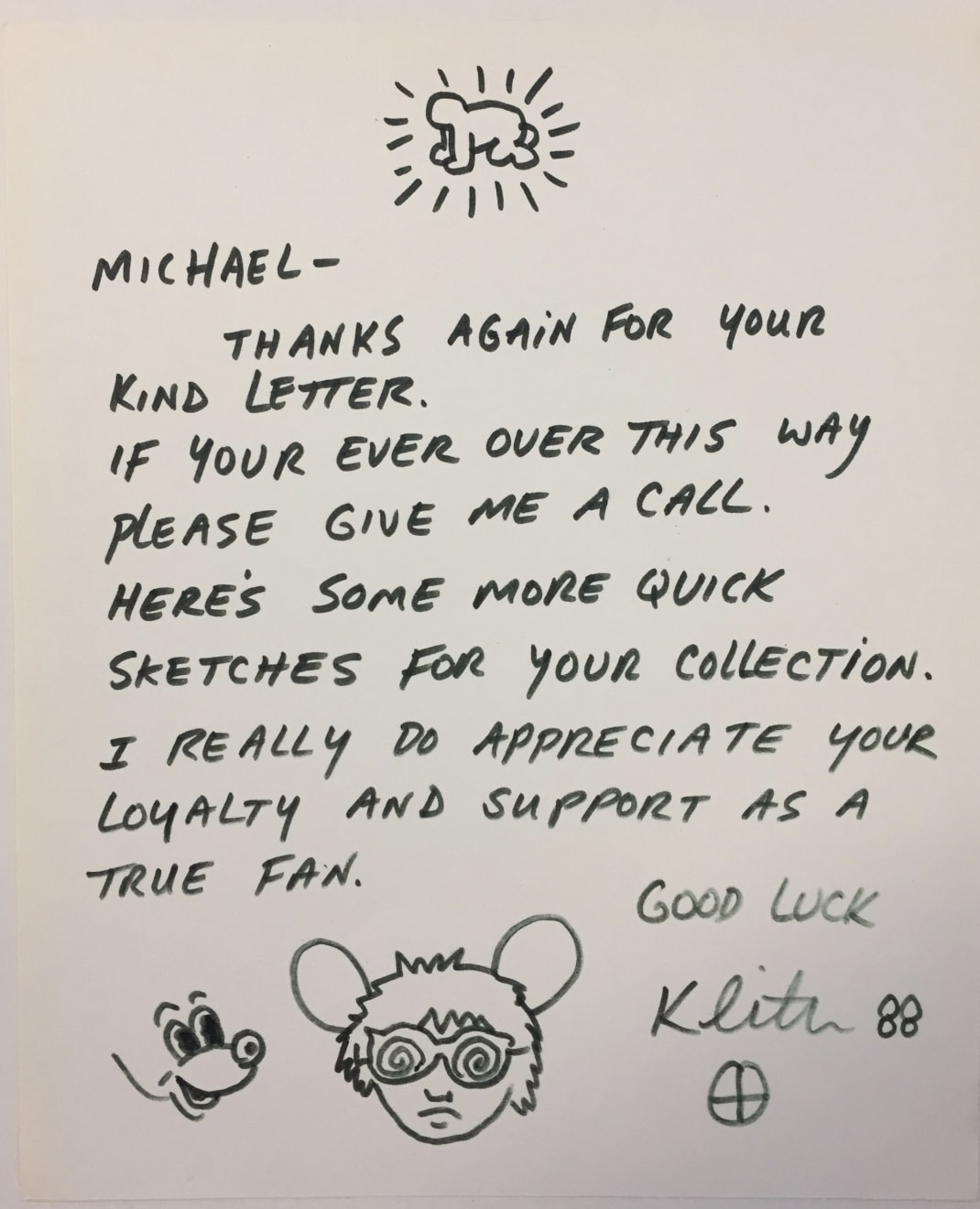 Keith Haring, Letter with Andy Mouse, 1988