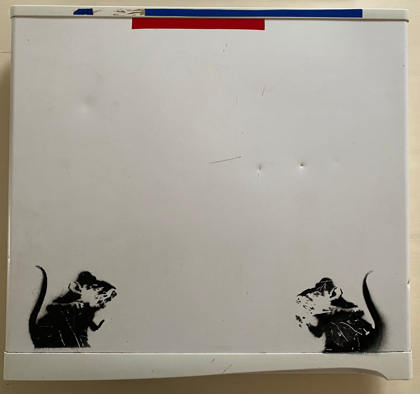 Banksy, Bowler Hat rats on fridge door (upper panel) ., Ca. 2004