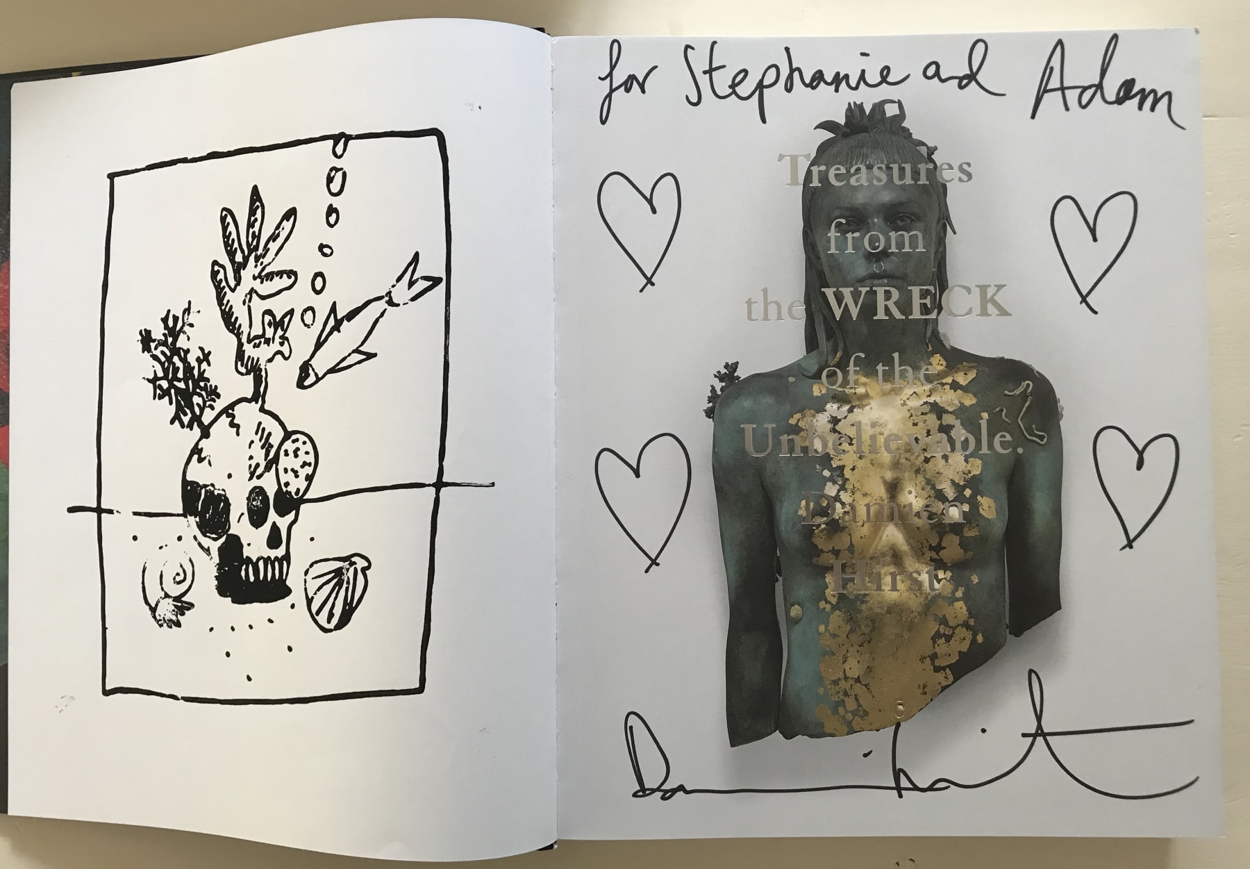 Damien Hirst, Four heart drawings in book. "Treasures from the Wreck of the Unbelievable"., 2017