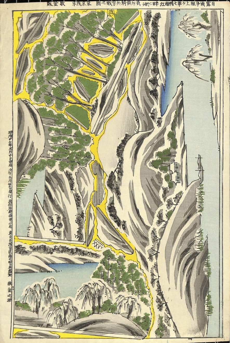 Studio of Kinnosuke Maki, The Russo-Japanese War: My scouting cavalry in action by the Yalu River, 1904, Meiji 37