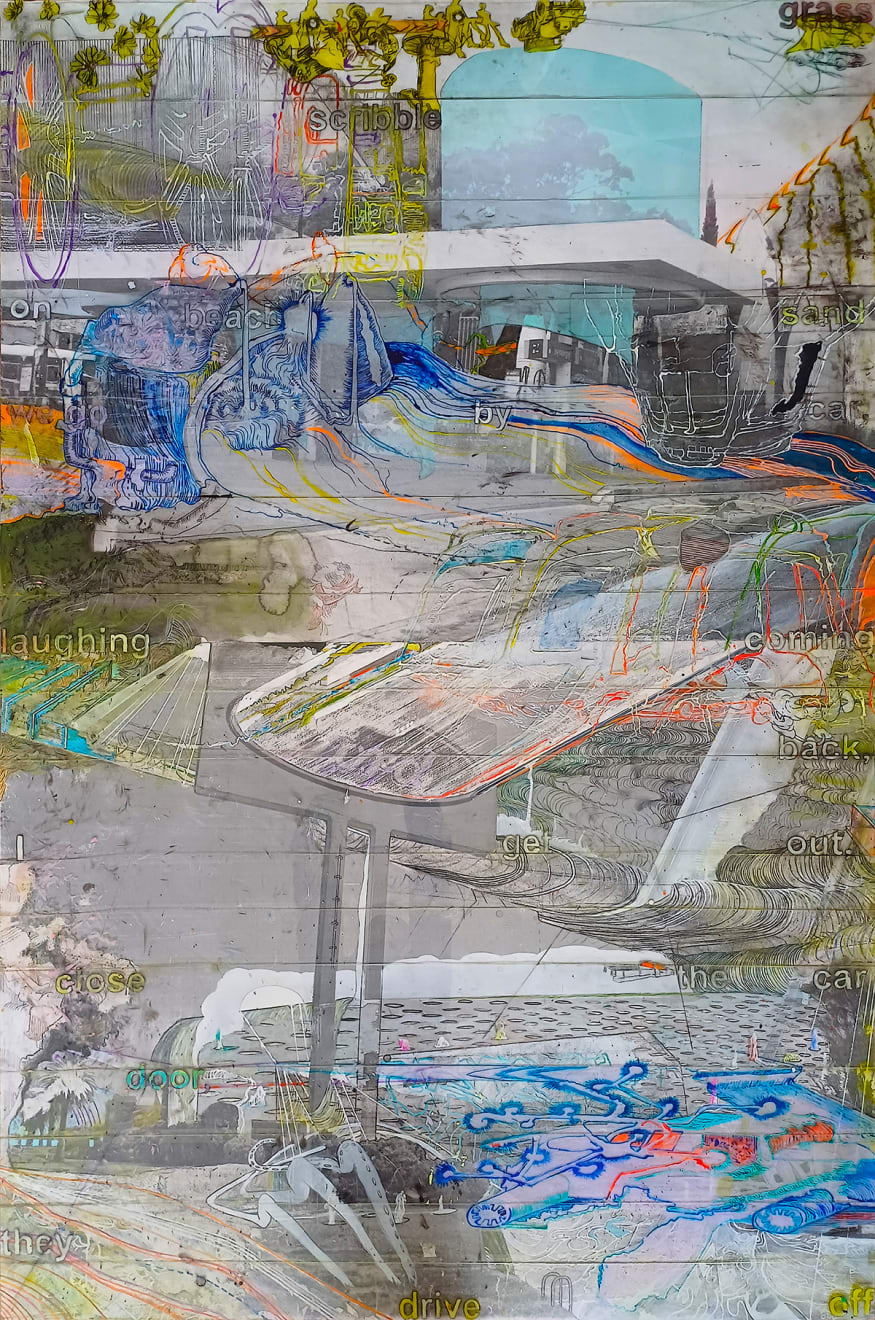 Alex Hamilton, Grass scribbling on beach sand, we go in car, laughing come back, I open the car door to get out, they drive off, 2024