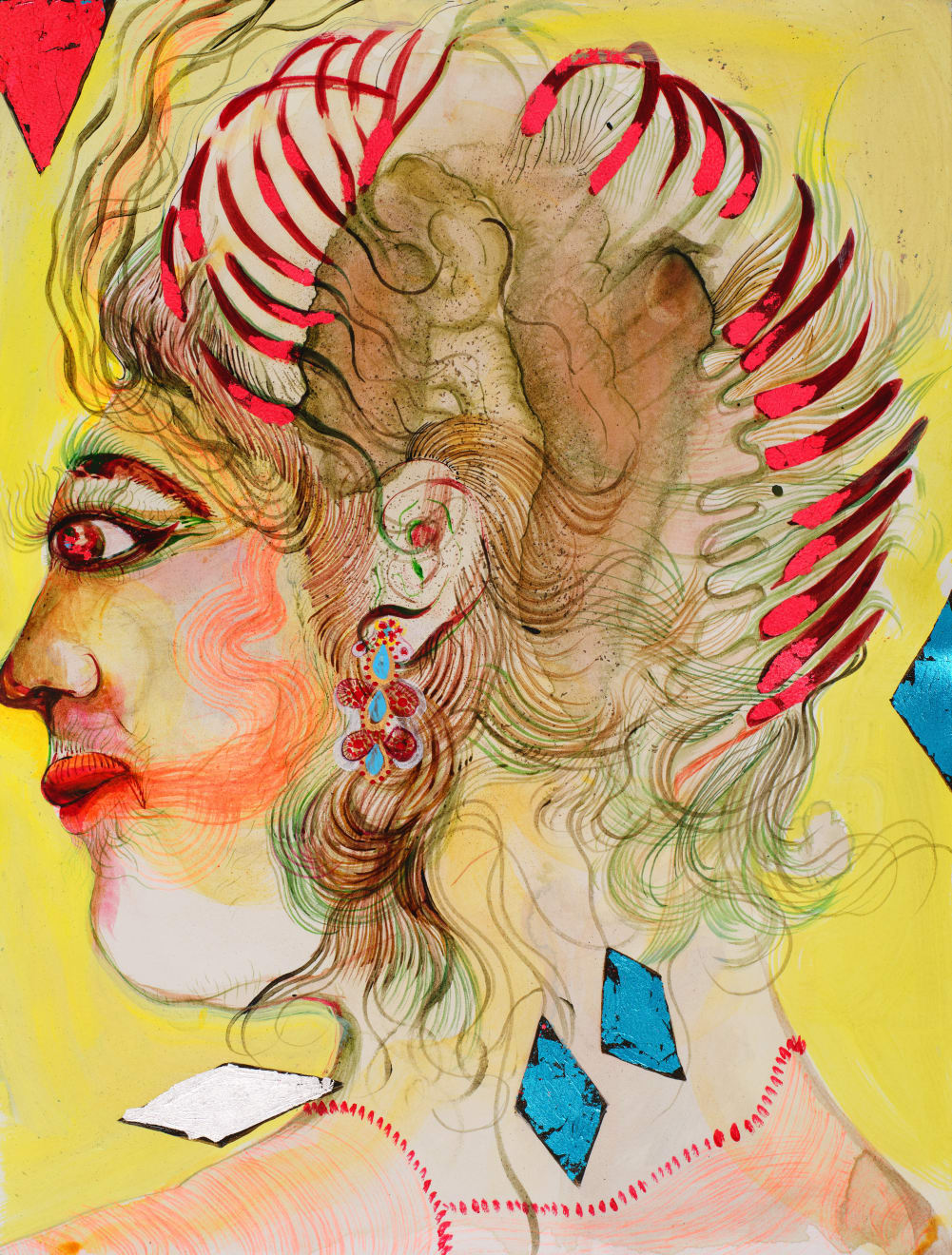 Rina Banerjee, Yellow diamond imprecise in cut and stain made by earth dropped like watery rain making him quiver and see flicker of light that leaked to surround him in unseen weather and many thoughts of health. , 2024