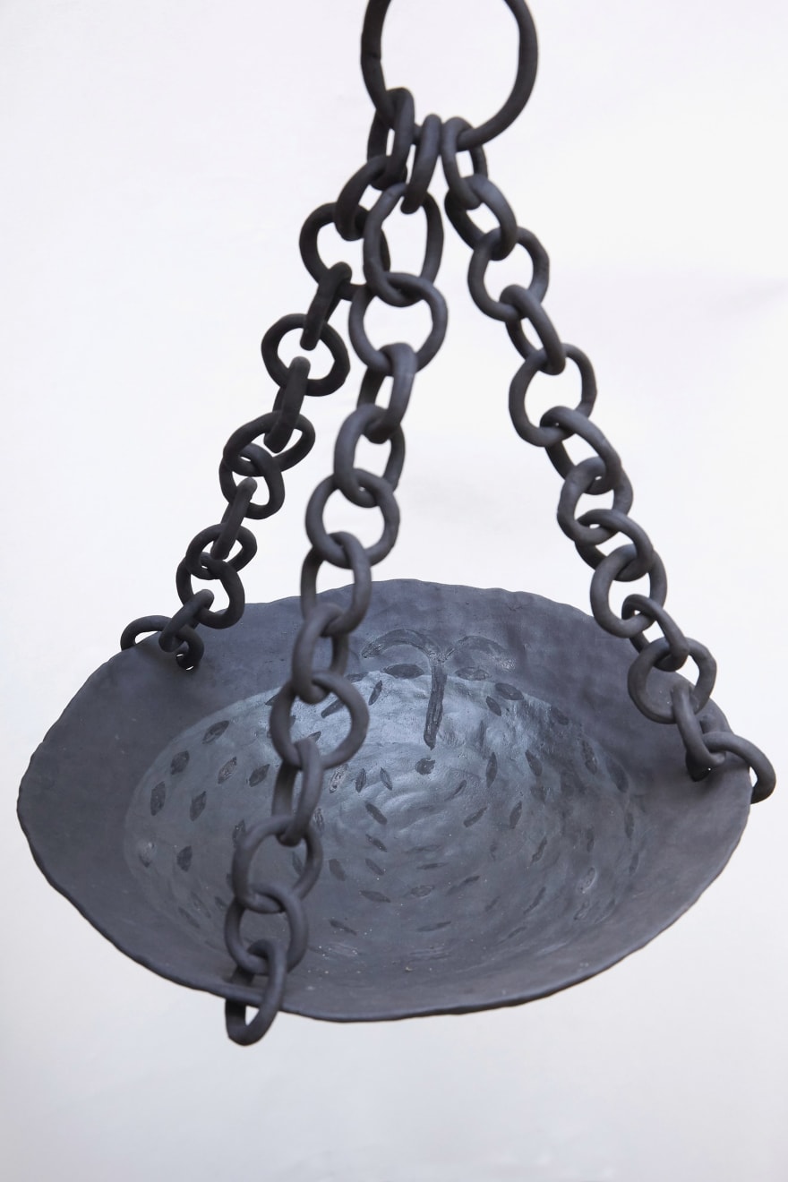 Sári Ember, Bowl on chain with tears, 2022