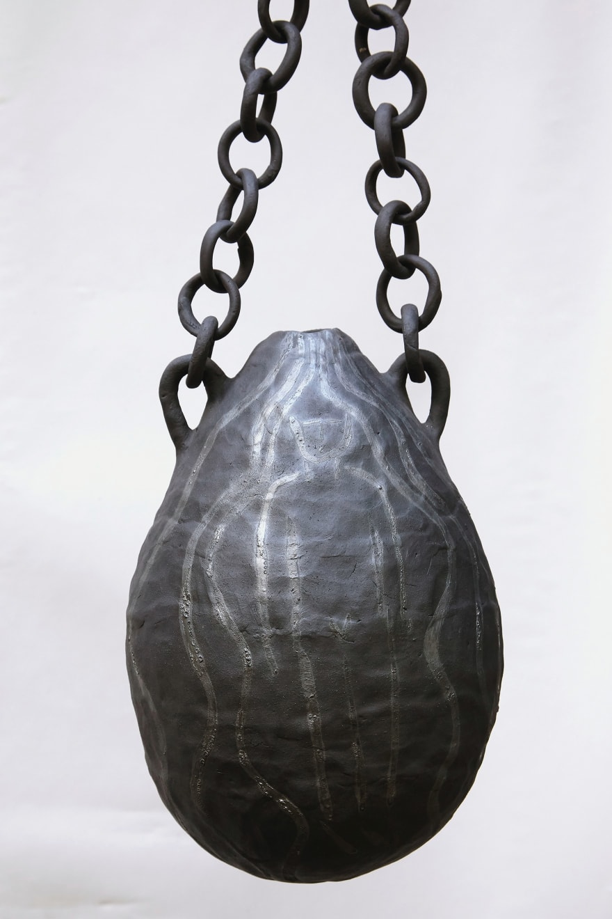 Sári Ember, Bottle on chain with bathing figure, 2022