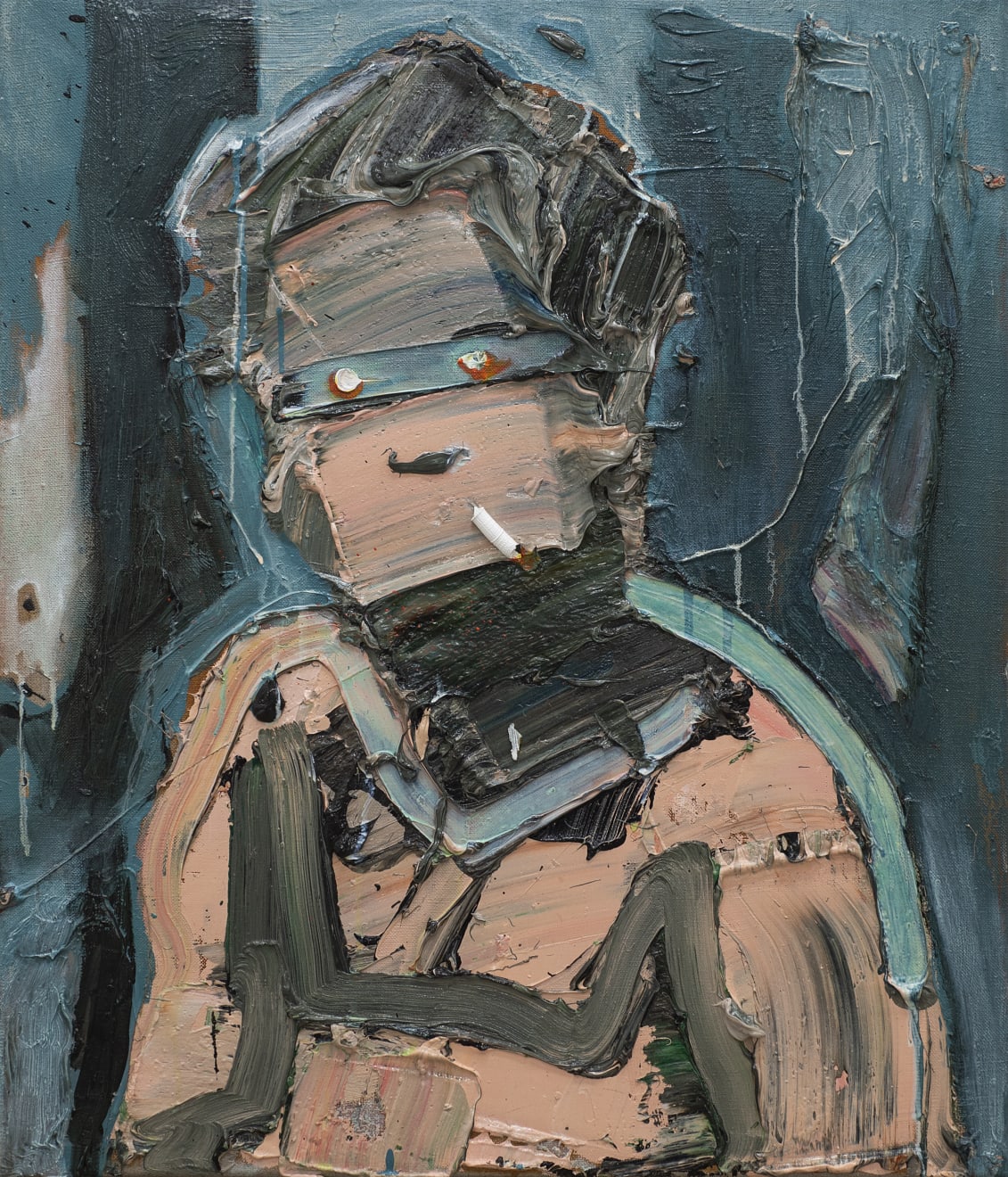 Toby Raine, Mel Gibson Getting Drunk and Blaming it on the Jews. Painting Number 4 (topless, smoking), 2018