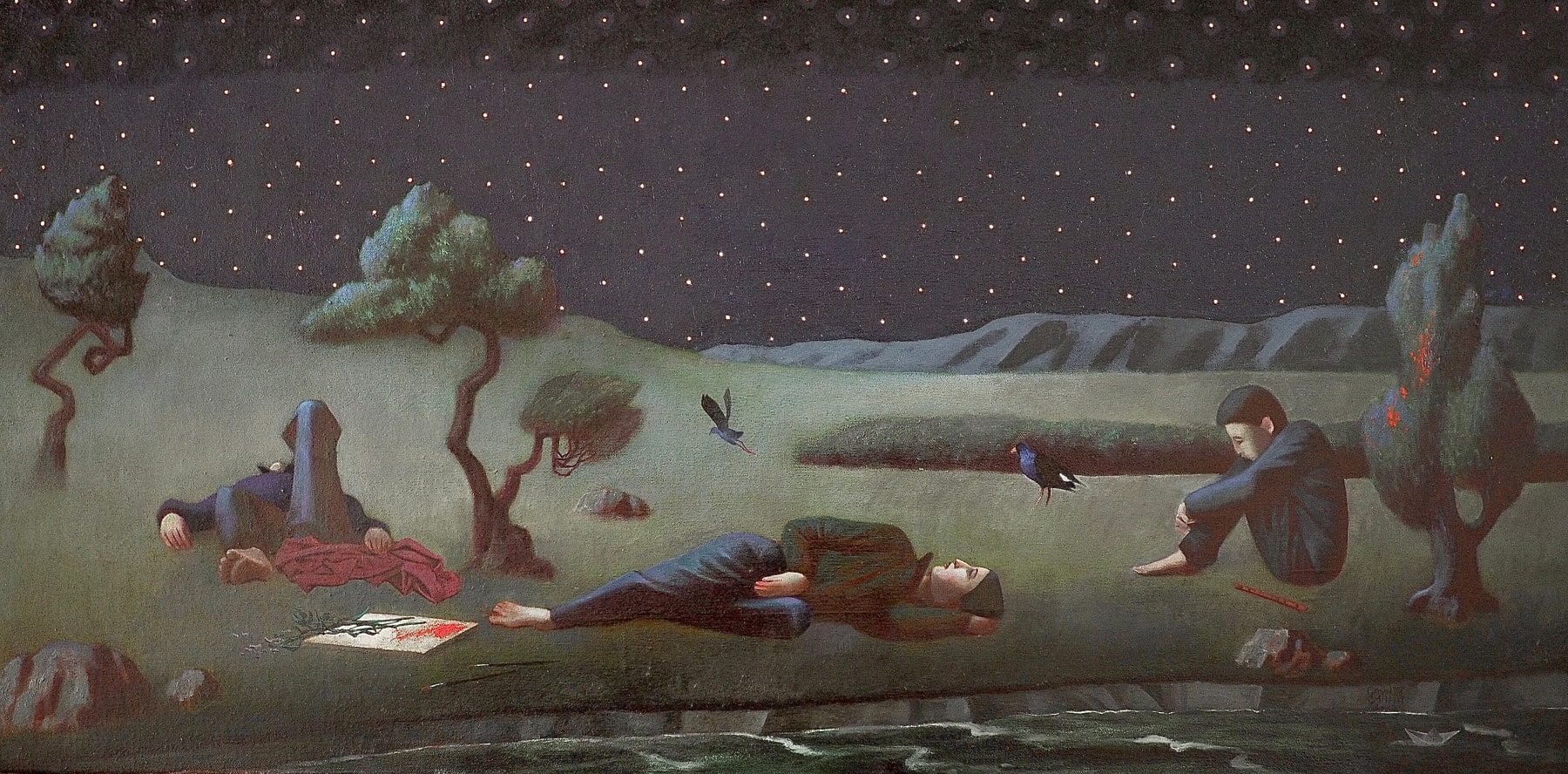 Gavin Chai, Three sparrows under starry night, 2023