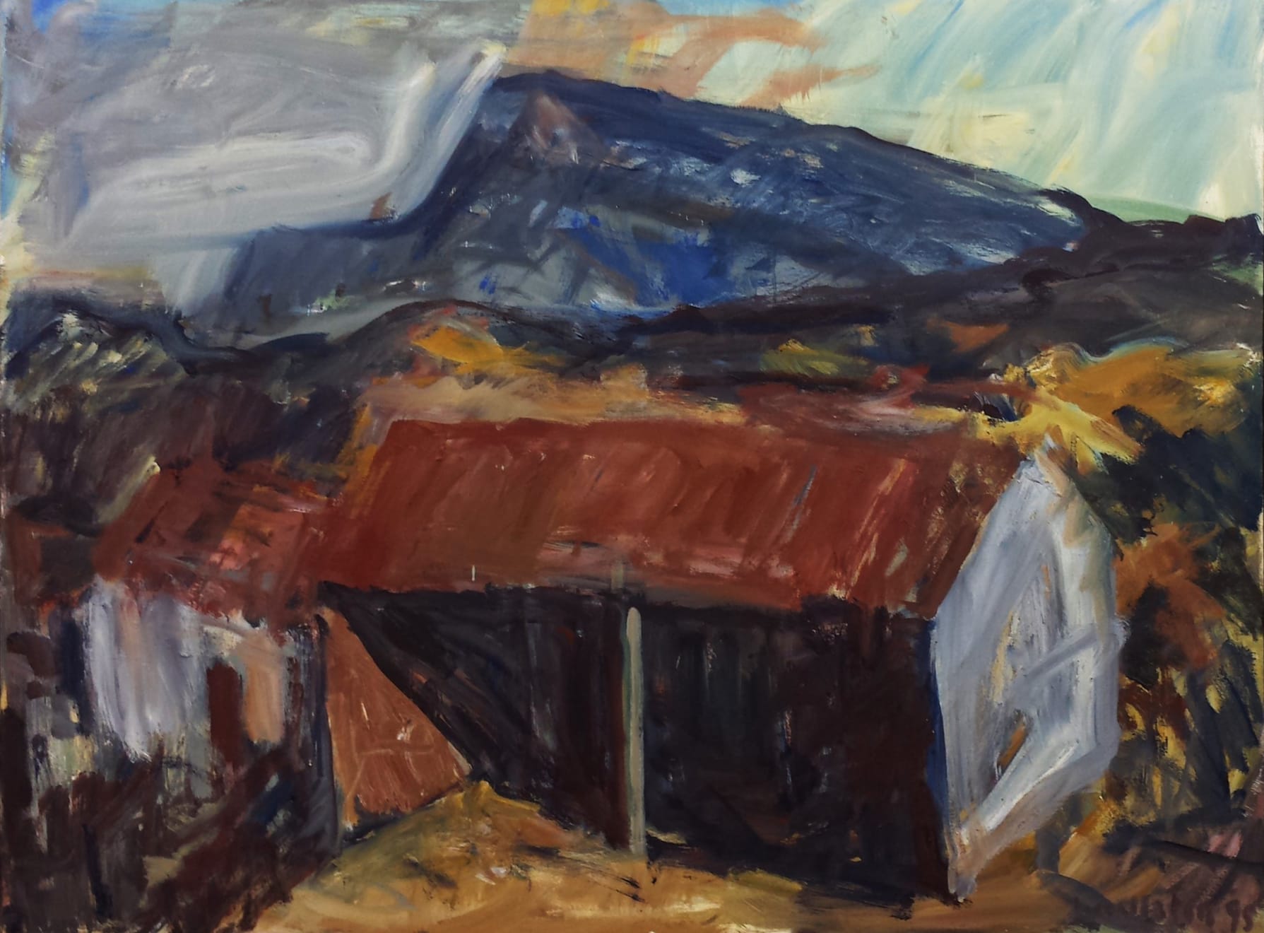 Toss Woollaston, Shed Upper Moutere With Ben Nevis, c. 1995
